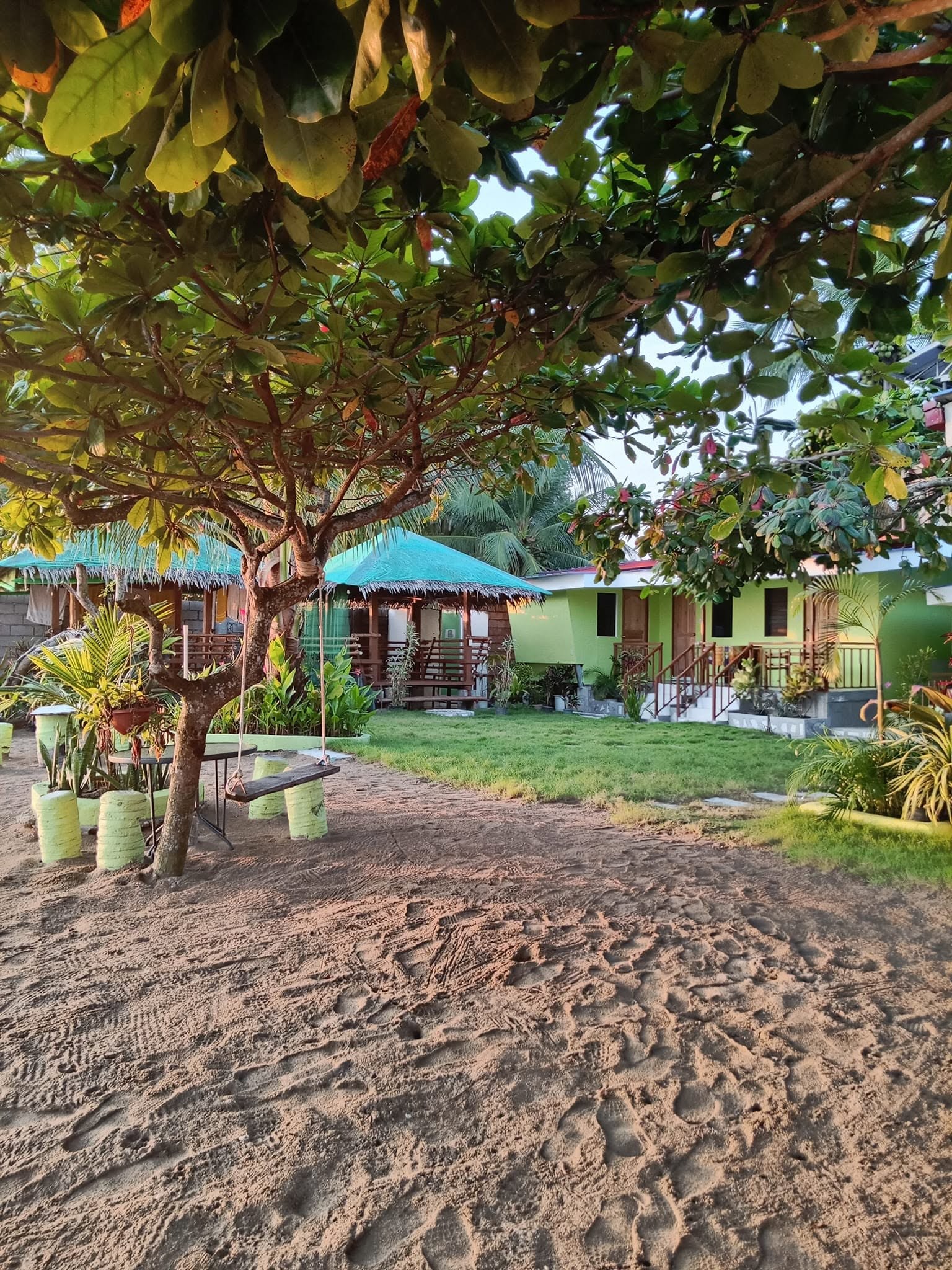 Green-roof cabanas at dawn